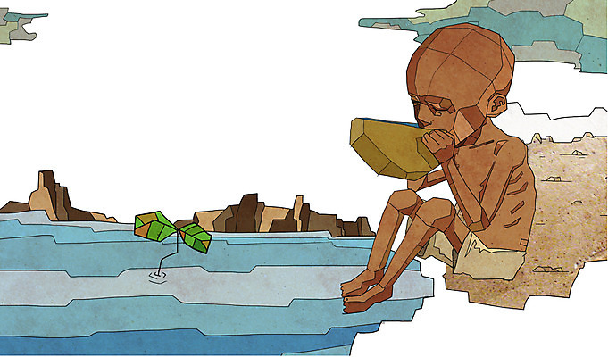 전신 PSD 식물 남자 어린이 일러스트 나뭇잎 한명 들기 사람 앉기 소년 물 슬픔 마시기 돌_바위 바위 위험 가난 사회이슈 기아 사회복지 복지 바가지 난민 고아 말라깽이 영양실조 남자만 남자한명만 어린이만 소년만 소년한명만 구호활동 국내일러스트 자연요소 1 감정 컨셉 잎 모션 파일형식