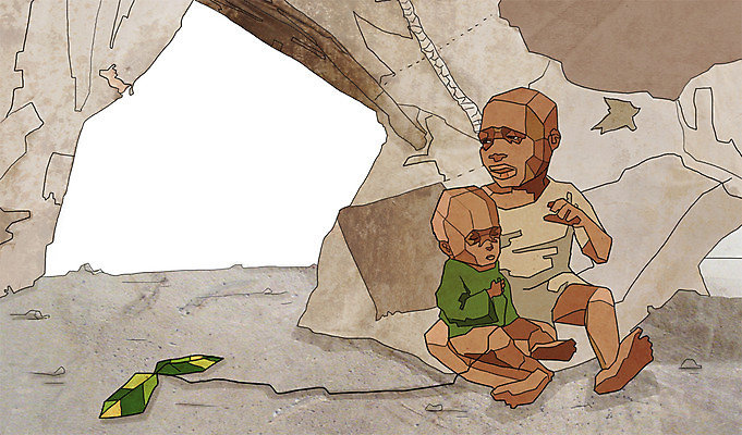 전신 PSD 식물 남자 어린이 일러스트 나뭇잎 사람 앉기 소년 두명 슬픔 돌_바위 바위 동굴 위험 가난 사회이슈 기아 사회복지 복지 난민 고아 영양실조 남자만 어린이만 소년만 구호활동 국내일러스트 감정 컨셉 잎 모션 파일형식