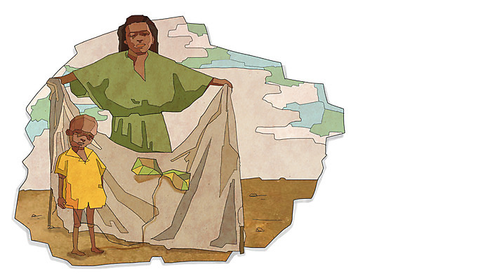 전신 PSD 식물 여자 남자 아들 어린이 일러스트 엄마 나뭇잎 서기 들기 사람 소년 두명 부모 슬픔 자녀 위험 가난 천 사회이슈 기아 사회복지 복지 난민 고아 영양실조 구호활동 국내일러스트 감정 컨셉 잎 가족 모션 직물 파일형식