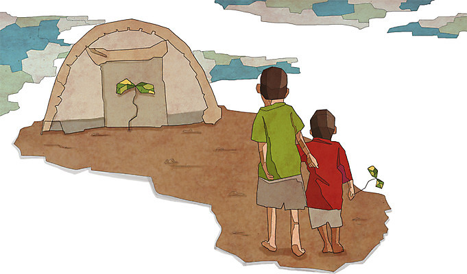 전신 PSD 식물 남자 어린이 일러스트 나뭇잎 텐트 서기 사람 소년 두명 슬픔 위험 가난 사회이슈 기아 사회복지 복지 천막 난민 고아 영양실조 남자만 어린이만 소년만 구호활동 국내일러스트 감정 컨셉 잎 모션 캠핑도구 파일형식