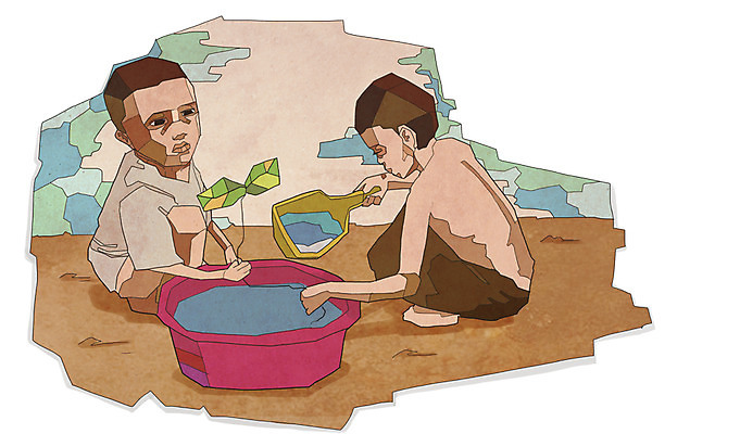 전신 PSD 식물 남자 어린이 일러스트 나뭇잎 들기 사람 앉기 소년 두명 물 슬픔 위험 가난 사회이슈 기아 사회복지 복지 담기 바가지 난민 고아 영양실조 남자만 어린이만 소년만 구호활동 국내일러스트 자연요소 감정 컨셉 잎 모션 파일형식