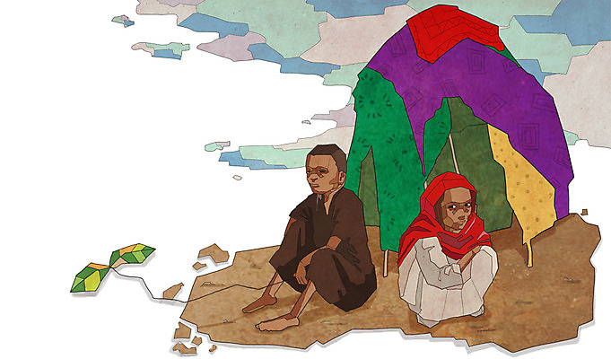 전신 PSD 식물 여자 남자 어린이 일러스트 나뭇잎 사람 앉기 소녀 소년 두명 슬픔 위험 가난 천 사회이슈 기아 사회복지 복지 천막 난민 고아 영양실조 터번 어린이만 구호활동 국내일러스트 감정 컨셉 잎 모션 직물 머리장식 파일형식