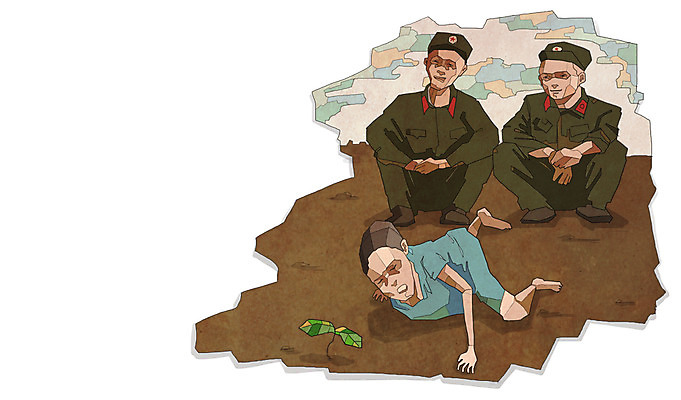 전신 PSD 식물 남자 어린이 엎드리기 유니폼 일러스트 나뭇잎 사람 앉기 소년 성인 세명 군인 슬픔 위험 가난 사회이슈 기아 사회복지 복지 군복 난민 북한 영양실조 남자만 구호활동 국내일러스트 직업 옷 감정 아시아 컨셉 잎 모션 국군 파일형식