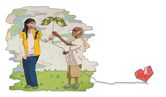 전신 PSD 식물 여자 남자 어린이 일러스트 나뭇잎 서기 사람 소년 잔디 성인 두명 슬픔 하트 봉사 위험 사회이슈 기아 사회복지 복지 난민 고아 영양실조 구호활동 국내일러스트 모양 감정 컨셉 잎 모션 도움 파일형식