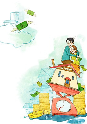 전신 PSD 부부 커플 여자 남자 지폐 돈 일러스트 남편 주택 저울 사람 앉기 성인 두명 건물 금융 경제 동전 아내 가난 푸어족 부족 낭비 과소비 성인만 국내일러스트 건축물 컨셉 관계 모션 재산 소비 신조어 파일형식