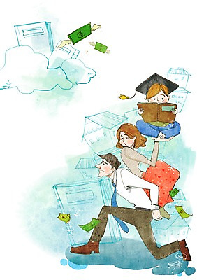 전신 PSD 부부 여자 남자 지폐 돈 일러스트 학사모 남편 주택 사람 앉기 성인 책 세명 금융 경제 자녀 아기 아내 가난 업기 푸어족 부족 낭비 과소비 교육비 육아비용 국내일러스트 모자_잡화 커플 컨셉 졸업 모션 건물 육아 재산 소비 신조어 파일형식 비용