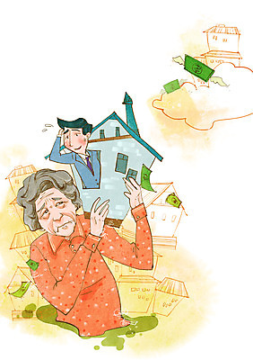 PSD 여자 노년 남자 아들 할머니 지폐 돈 일러스트 엄마 주택 들기 사람 상반신 성인 두명 건물 금융 경제 부모 가난 푸어족 부족 낭비 과소비 노인만 성인만 국내일러스트 건축물 컨셉 가족 모션 재산 소비 신조어 파일형식