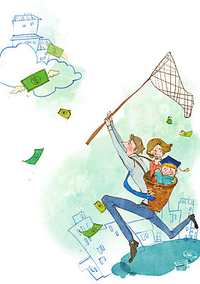 전신 PSD 부부 커플 여자 남자 아들 어린이 지폐 돈 일러스트 학사모 엄마 주택 서기 들기 사람 소년 성인 책 세명 금융 경제 바구니 그물 아빠 가난 푸어족 부족 낭비 과소비 교육비 육아비용 국내일러스트 모자_잡화 컨셉 졸업 가족 관계 모션 건물 육아 재산 소비 신조어 파일형식 비용