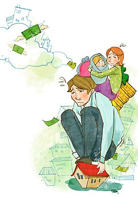 전신 PSD 부부 커플 여자 남자 지폐 돈 일러스트 남편 주택 사람 앉기 성인 세명 금융 경제 동전 아기 아내 지갑 가난 푸어족 부족 낭비 과소비 국내일러스트 컨셉 관계 모션 건물 재산 소비 신조어 파일형식