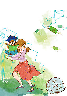 전신 PSD 여자 어린이 지폐 돈 일러스트 학사모 엄마 서기 들기 사람 소년 성인 두명 책 금융 경제 동전 가난 수갑 푸어족 부족 낭비 과소비 교육비 육아비용 국내일러스트 모자_잡화 남자 컨셉 졸업 가족 모션 육아 재산 소비 신조어 파일형식 비용