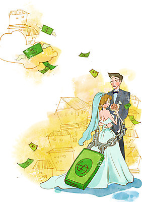 전신 PSD 건축물 부부 커플 여자 남자 신부 웨딩드레스 신랑 결혼 지폐 돈 일러스트 주택 자물쇠 서기 사람 정장 턱시도 성인 두명 금융 경제 달러 가난 푸어족 부족 낭비 과소비 성인만 국내일러스트 드레스 옷 건축 컨셉 관계 모션 이벤트 건물 재산 소비 신조어 파일형식