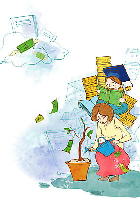 전신 PSD 나무 식물 여자 화분 어린이 지폐 돈 일러스트 학사모 엄마 들기 사람 앉기 소년 성인 두명 책 금융 경제 동전 물뿌리개 자녀 가난 푸어족 부족 낭비 과소비 육아비용 국내일러스트 모자_잡화 남자 컨셉 졸업 가족 모션 육아 재산 소비 신조어 파일형식