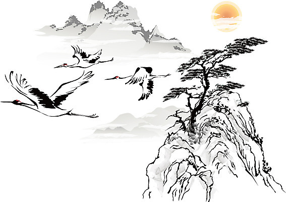 나무 식물 동물 구름 한국문화 한국전통 전통 전통문화 백그라운드 일러스트 자연 조류 새해 산 수묵화 사람없음 태양 학 운반 동양화 한국화 국내일러스트 AI파일 자연요소 동양문화 문화 한국 미술 생태계 파일형식 벡터