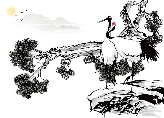 나무 식물 동물 한국문화 한국전통 전통 전통문화 백그라운드 일러스트 자연 조류 새해 산 수묵화 사람없음 태양 학 돌_바위 바위 동양화 한국화 국내일러스트 AI파일 자연요소 동양문화 문화 한국 미술 생태계 파일형식 벡터