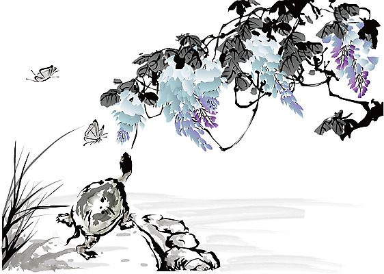 나무 식물 동물 한국문화 한국전통 전통 전통문화 나비 곤충 백그라운드 일러스트 자연 새해 수묵화 사람없음 돌_바위 바위 거북이 동양화 한국화 국내일러스트 AI파일 동양문화 문화 파충류 한국 미술 생태계 파일형식 벡터