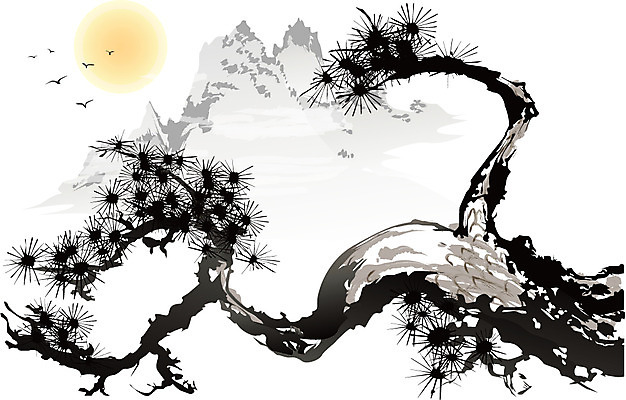 나무 식물 동물 한국문화 한국전통 전통 전통문화 백그라운드 일러스트 자연 조류 새해 산 수묵화 사람없음 태양 나뭇가지 동양화 한국화 국내일러스트 AI파일 자연요소 동양문화 문화 한국 미술 생태계 파일형식 벡터