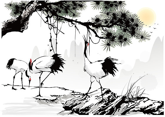 나무 식물 동물 한국문화 한국전통 전통 전통문화 백그라운드 일러스트 자연 조류 새해 산 수묵화 사람없음 태양 학 나뭇가지 동양화 한국화 국내일러스트 AI파일 자연요소 동양문화 문화 한국 미술 생태계 파일형식 벡터