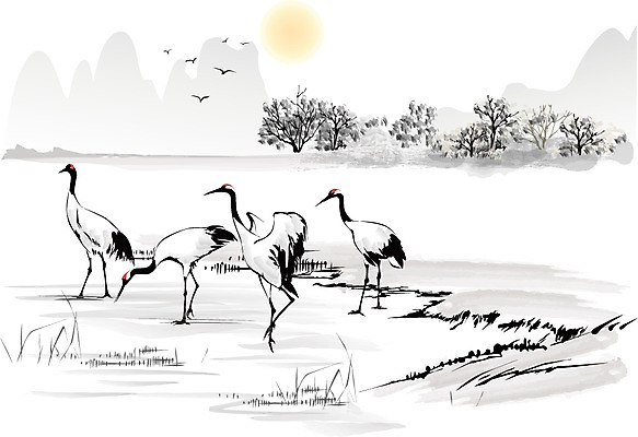 나무 식물 동물 한국문화 한국전통 전통 전통문화 호수 백그라운드 일러스트 자연 조류 새해 산 수묵화 사람없음 강 태양 학 동양화 한국화 국내일러스트 AI파일 자연요소 동양문화 문화 한국 미술 생태계 파일형식 벡터