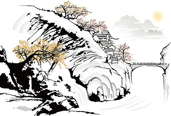 나무 식물 한국문화 한국전통 전통 시설물 건축물 전통문화 백그라운드 일러스트 자연 새해 산 주택 수묵화 사람없음 태양 절벽 돌_바위 바위 동양화 한국화 가교 국내일러스트 AI파일 자연요소 동양문화 건축 문화 한국 미술 건물 생태계 파일형식 벡터