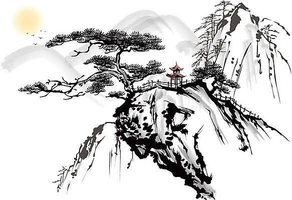 나무 식물 동물 한국문화 한국전통 전통 전통문화 백그라운드 일러스트 자연 조류 새해 산 수묵화 사람없음 울타리 태양 절벽 돌_바위 바위 오두막 동양화 정자 한국화 국내일러스트 AI파일 자연요소 동양문화 건축물 문화 한국 미술 담장 생태계 파일형식 벡터