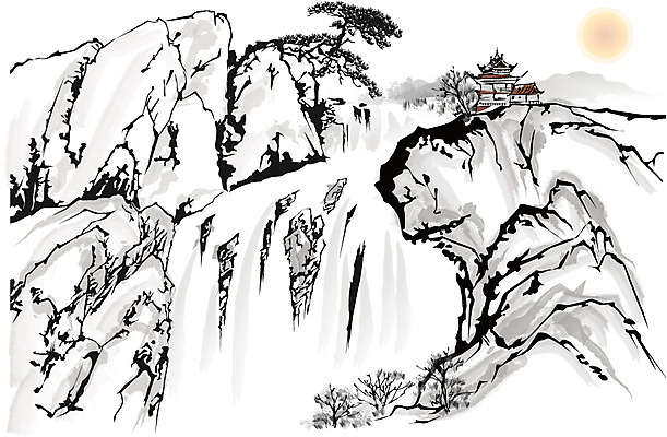 나무 식물 한국문화 한국전통 전통 전통문화 백그라운드 일러스트 자연 새해 산 수묵화 사람없음 물 태양 계곡 절벽 폭포 돌_바위 바위 동양화 한국화 국내일러스트 AI파일 자연요소 동양문화 문화 한국 미술 생태계 파일형식 벡터