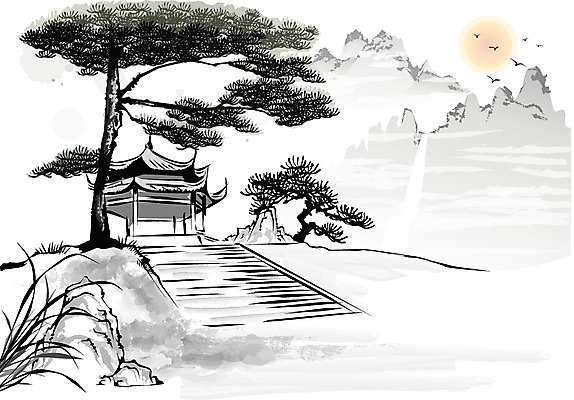 나무 식물 동물 한국문화 한국전통 전통 전통문화 백그라운드 일러스트 자연 조류 새해 산 수묵화 사람없음 태양 계단 동양화 정자 한국화 국내일러스트 AI파일 자연요소 동양문화 건축물 문화 한국 미술 생태계 파일형식 벡터