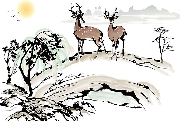 나무 식물 동물 한국문화 한국전통 전통 전통문화 호수 백그라운드 일러스트 자연 조류 사슴 새해 산 수묵화 사람없음 강 태양 동양화 한국화 국내일러스트 AI파일 자연요소 동양문화 문화 포유류 한국 미술 생태계 파일형식 벡터