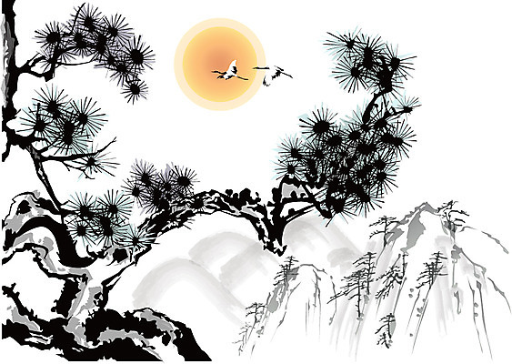 나무 식물 동물 한국문화 한국전통 전통 전통문화 백그라운드 일러스트 자연 조류 새해 산 수묵화 사람없음 태양 학 나뭇가지 동양화 한국화 국내일러스트 AI파일 자연요소 동양문화 문화 한국 미술 생태계 파일형식 벡터