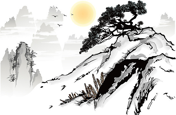 나무 식물 동물 한국문화 한국전통 전통 전통문화 백그라운드 일러스트 자연 조류 새해 산 수묵화 사람없음 태양 돌_바위 바위 동양화 한국화 국내일러스트 AI파일 자연요소 동양문화 문화 한국 미술 생태계 파일형식 벡터