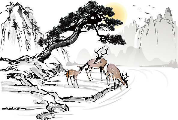 나무 식물 동물 한국문화 한국전통 전통 전통문화 호수 백그라운드 일러스트 자연 조류 사슴 새해 산 수묵화 사람없음 강 태양 동양화 한국화 국내일러스트 AI파일 자연요소 동양문화 문화 포유류 한국 미술 생태계 파일형식 벡터