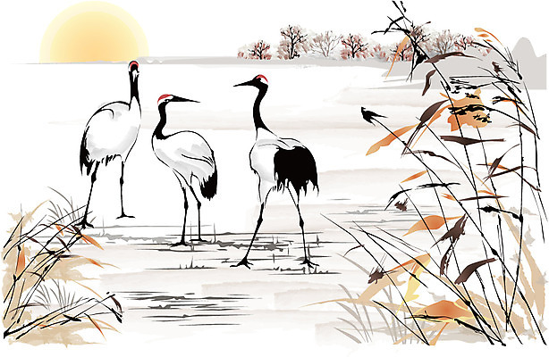 나무 식물 동물 한국문화 한국전통 전통 전통문화 호수 백그라운드 일러스트 자연 조류 새해 수묵화 사람없음 강 태양 학 동양화 한국화 국내일러스트 AI파일 자연요소 동양문화 문화 한국 미술 생태계 파일형식 벡터