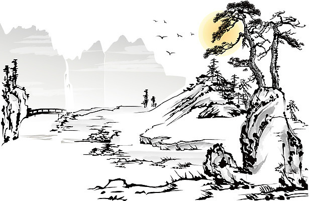 나무 식물 동물 한국문화 한국전통 전통 전통문화 호수 백그라운드 일러스트 자연 조류 새해 산 수묵화 사람없음 강 태양 돌_바위 바위 동양화 한국화 가교 국내일러스트 AI파일 자연요소 동양문화 건축물 문화 한국 미술 생태계 파일형식 벡터