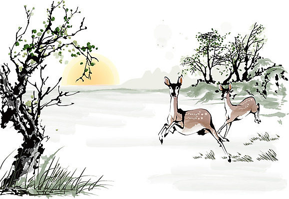 나무 식물 동물 한국문화 한국전통 전통 전통문화 백그라운드 일러스트 자연 사슴 새해 산 수묵화 사람없음 태양 동양화 한국화 국내일러스트 AI파일 자연요소 동양문화 문화 포유류 한국 미술 생태계 파일형식 벡터