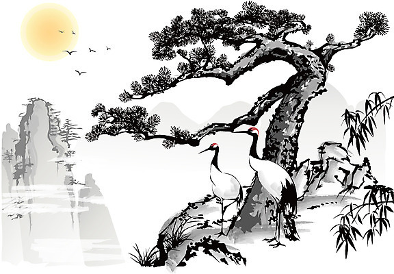 나무 식물 동물 한국문화 한국전통 전통 전통문화 백그라운드 일러스트 자연 조류 새해 산 수묵화 사람없음 태양 학 돌_바위 바위 동양화 한국화 국내일러스트 AI파일 자연요소 동양문화 문화 한국 미술 생태계 파일형식 벡터
