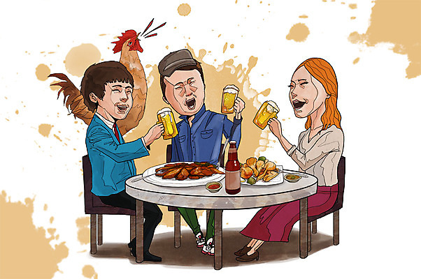 전신 PSD 동물 라이프스타일 접시 여자 남자 행복 음식 의자 일러스트 탁자 술병 맥주 주류 함께함 웃음 들기 사람 앉기 성인 라이프 세명 통닭 치킨 닭 음주 안주 즐거움 만족 건배 맥주잔 음주문화 술자리 비어피플 회식 성인만 치맥 국내일러스트 식기 감정 음료 가구 컨셉 술잔 모션 조류 병_용기 표정 생활 식사 닭고기요리 파일형식