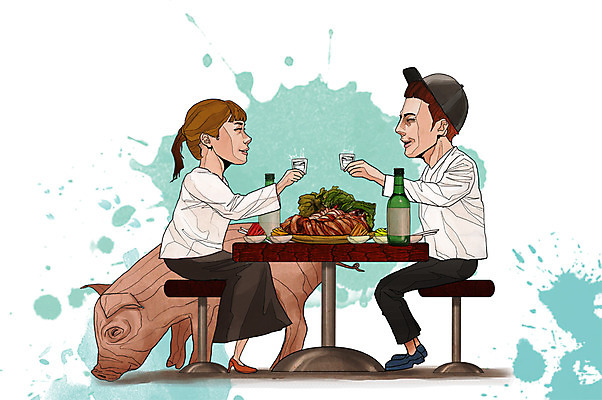 전신 PSD 모자 한마리 라이프스타일 접시 커플 여자 남자 행복 의자 일러스트 탁자 함께함 웃음 들기 앉기 성인 두명 마주보기 돼지 안주 즐거움 만족 건배 족발 마주앉기 소주 소주병 비어피플 소주잔 쌈채소 성인만 국내일러스트 1 식기 잡화 감정 가구 컨셉 채소 술잔 포유류 관계 모션 술병 주류 표정 돼지고기 사람 생활 파일형식