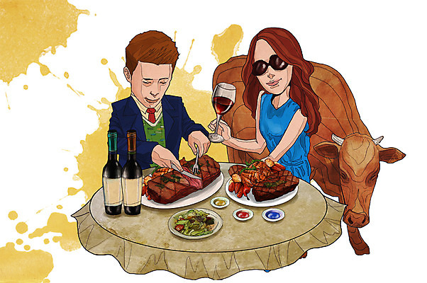 PSD 동물 라이프스타일 접시 커플 여자 남자 행복 음식 포크 와인잔 일러스트 탁자 술병 주류 함께함 스테이크 웃음 사람 앉기 상반신 성인 두명 라이프 선글라스 레스토랑 와인 샐러드 소고기 소 나이프 음주 안주 와인병 즐거움 만족 음주문화 술자리 비어피플 성인만 국내일러스트 식기 감정 안경 음료 가구 컨셉 술잔 포유류 관계 모션 병_용기 서양음식 표정 육류 생활 식당 칼 파일형식