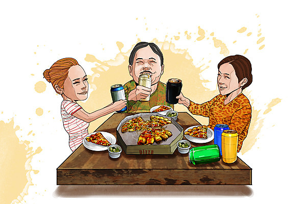 PSD 라이프스타일 접시 여자 남자 행복 음식 일러스트 가족 탁자 맥주 주류 피자 함께함 웃음 들기 사람 앉기 상반신 성인 라이프 세명 캔 음주 안주 즐거움 만족 건배 피클 음주문화 캔맥주 술자리 비어피플 성인만 국내일러스트 식기 감정 음료 가구 컨셉 관계 모션 패스트푸드 서양음식 표정 생활 절임 파일형식