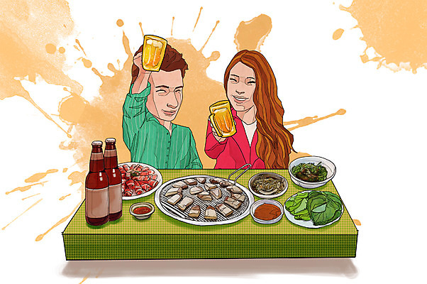 PSD 라이프스타일 접시 커플 여자 남자 행복 음식 채소 일러스트 탁자 술병 맥주 주류 함께함 들기 사람 앉기 상반신 성인 두명 라이프 상추 음주 안주 즐거움 만족 건배 쌈 삼겹살 맥주잔 쌈장 불판 맥주병 음주문화 술자리 비어피플 성인만 국내일러스트 식기 감정 음료 가구 컨셉 술잔 관계 모션 병_용기 돼지고기 생활 양념 파일형식