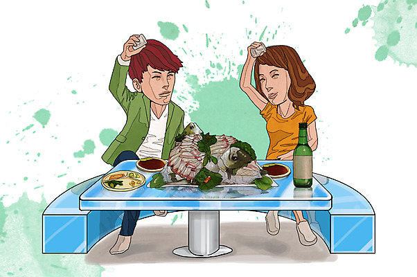 전신 PSD 라이프스타일 접시 커플 여자 남자 행복 음식 채소 의자 일러스트 탁자 술병 주류 함께함 들기 사람 앉기 성인 두명 라이프 손들기 생선회 회 음주 안주 즐거움 만족 소주 음주문화 소주병 술자리 비어피플 소주잔 성인만 국내일러스트 식기 감정 음료 가구 컨셉 술잔 관계 모션 병_용기 생활 파일형식