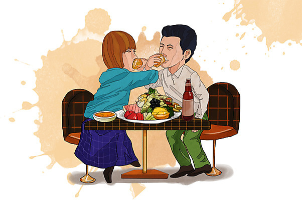 전신 PSD 라이프스타일 접시 커플 여자 남자 행복 음식 포즈 의자 과일 일러스트 탁자 술병 맥주 주류 함께함 들기 사람 앉기 성인 두명 라이프 마시기 음주 안주 즐거움 만족 맥주잔 맥주병 음주문화 술자리 과일안주 러브샷 비어피플 성인만 국내일러스트 식기 감정 음료 가구 컨셉 술잔 관계 모션 병_용기 생활 파일형식