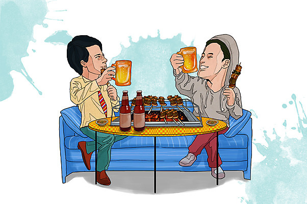 PSD 라이프스타일 접시 남자 행복 음식 쿠션 의자 일러스트 탁자 술병 맥주 주류 함께함 들기 사람 성인 두명 라이프 친구 소파 꼬치 음주 안주 즐거움 만족 건배 맥주잔 불판 맥주병 음주문화 술자리 닭꼬치 비어피플 남자만 성인남자만 성인만 국내일러스트 식기 감정 음료 가구 컨셉 술잔 관계 모션 병_용기 생활 닭고기 파일형식