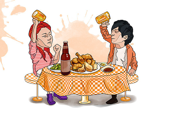 전신 PSD 라이프스타일 접시 커플 여자 남자 행복 음식 의자 일러스트 탁자 술병 맥주 주류 함께함 들기 사람 앉기 성인 두명 라이프 통닭 치킨 샐러드 음주 안주 즐거움 만족 건배 맥주잔 맥주병 음주문화 술자리 비어피플 성인만 치맥 국내일러스트 식기 감정 음료 가구 컨셉 술잔 관계 모션 병_용기 생활 닭고기요리 파일형식