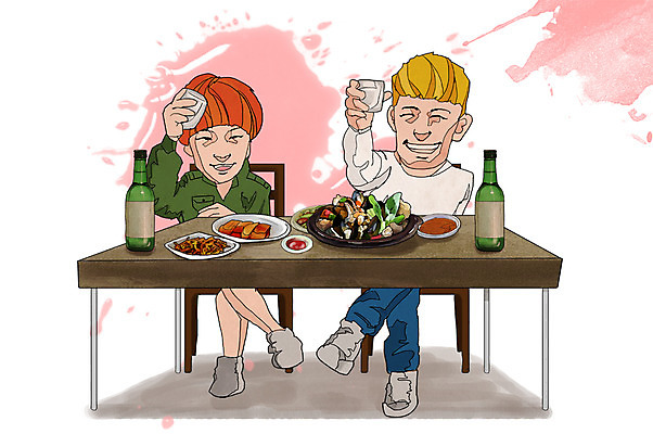 전신 PSD 라이프스타일 접시 커플 여자 남자 행복 음식 의자 일러스트 탁자 술병 주류 함께함 웃음 들기 사람 앉기 성인 두명 라이프 음주 안주 즐거움 만족 탕 홍합 소주 음주문화 소주병 술자리 비어피플 소주잔 홍합탕 성인만 국내일러스트 식기 감정 음료 가구 컨셉 술잔 관계 모션 병_용기 어패류 표정 생활 파일형식