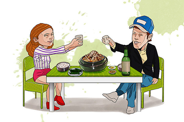 전신 PSD 라이프스타일 접시 커플 여자 남자 행복 음식 채소 의자 일러스트 고추 탁자 밥 술병 주류 함께함 들기 사람 앉기 성인 두명 라이프 음주 안주 즐거움 만족 건배 마주앉기 소주 음주문화 소주병 술자리 비어피플 뼈해장국 소주잔 해장국 성인만 국내일러스트 식기 감정 음료 한식 가구 컨셉 술잔 관계 모션 병_용기 생활 국 파일형식