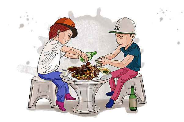 전신 PSD 라이프스타일 접시 커플 여자 남자 행복 음식 의자 일러스트 탁자 술병 주류 함께함 들기 사람 앉기 성인 두명 라이프 붓기 음주 안주 즐거움 만족 볶음 마주앉기 소주 순대 음주문화 소주병 술자리 비어피플 소주잔 순대볶음 성인만 국내일러스트 식기 감정 음료 가구 컨셉 술잔 관계 모션 병_용기 생활 파일형식