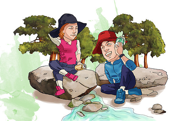 전신 PSD 나무 식물 라이프스타일 커플 여자 남자 행복 일러스트 맥주 주류 함께함 웃음 들기 사람 앉기 성인 두명 라이프 물 계곡 등산 돌_바위 바위 개울 캔 음주 즐거움 만족 음주문화 캔맥주 비어피플 성인만 낮술 국내일러스트 자연요소 감정 음료 컨셉 관계 모션 표정 생활 강 트래킹 파일형식