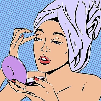 EPS 해외이미지 여자 일러스트 한명 들기 상반신 성인 화장 뷰티 화장품 복고 팝아트 바르기 카툰스타일 성인여자한명만 해외202004 해외일러스트 1 모션 사람 그림 여자한명만 성인여자만 파일형식 벡터 이미지허브