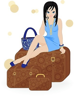 EPS 해외이미지 라이프스타일 헤어스타일 드레스 옷 여행 신발 가방 일러스트 휴가 갈색머리 앉기 유행 여행객 여행가방 짐 만화 스타일 해외202004 해외일러스트 잡화 모션 사람 생활 파일형식 벡터 이미지허브