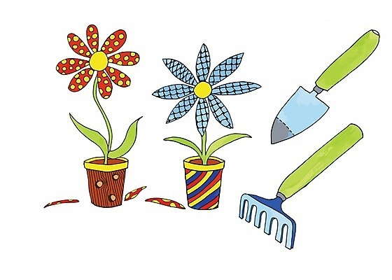 EPS 해외이미지 식물 꽃 선 잎 패턴 일러스트 빨간색 초록색 여름 파란색 컬러풀 노란색 도구 얽힘 냄비 삽 그림 원예 심플 갈퀴 고립 해외202004 해외일러스트 계절 컬러 무늬 취미 솥 파일형식 벡터 이미지허브